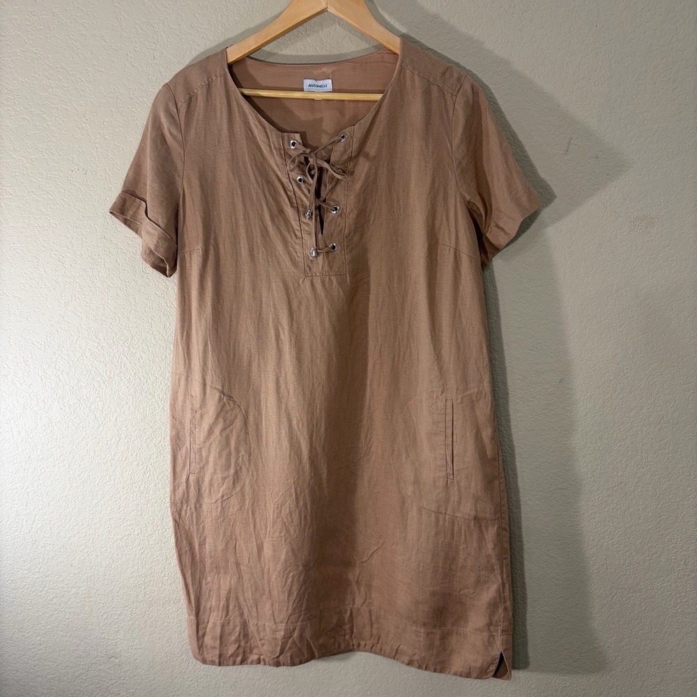 Antonelle Womens Lined Light Brown Tan Linen Tunic Dress Sz 44 Midi Career